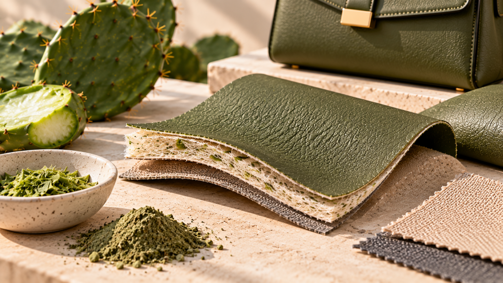 Cactus leather material composition showing cactus-derived layer, backing and surface