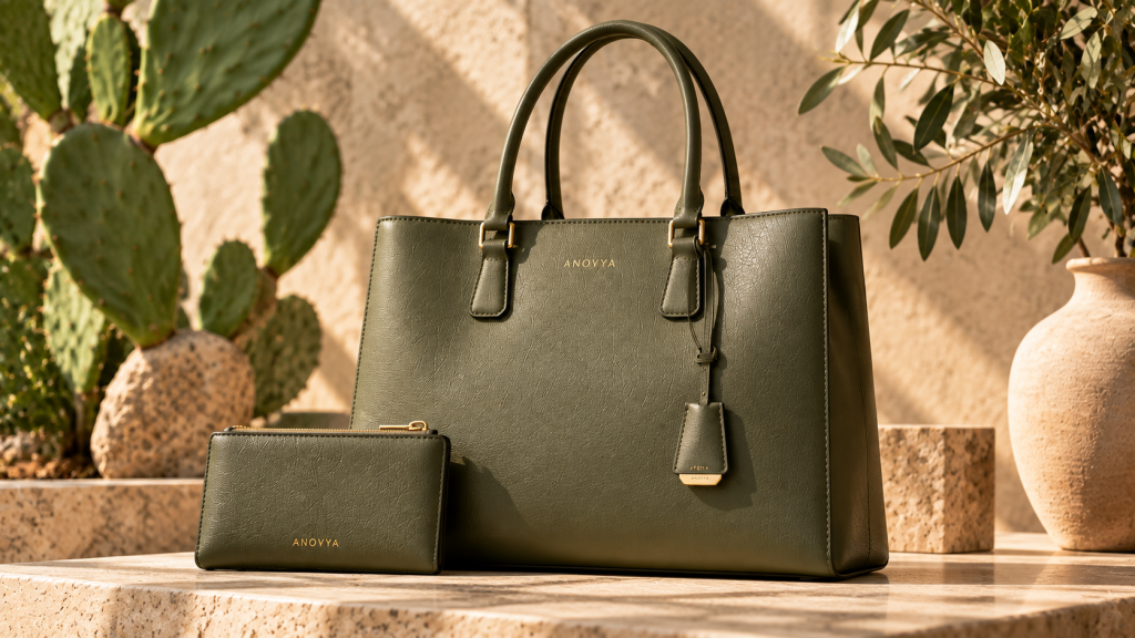 Modern vegan leather handbag showing structured silhouette