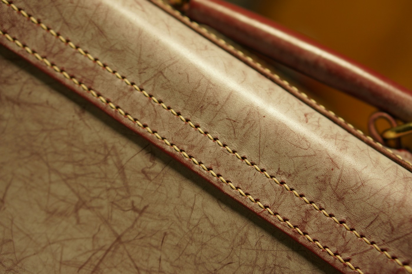 Close-up view of handbag craftsmanship and stitching