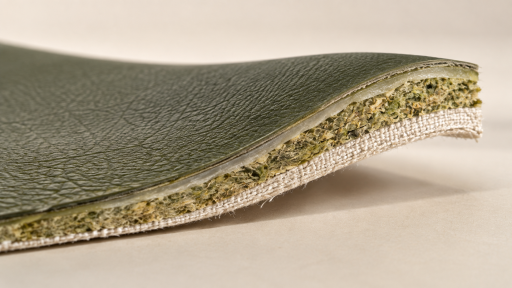 Cut edge of a cactus leather sheet showing the coated surface and fabric backing