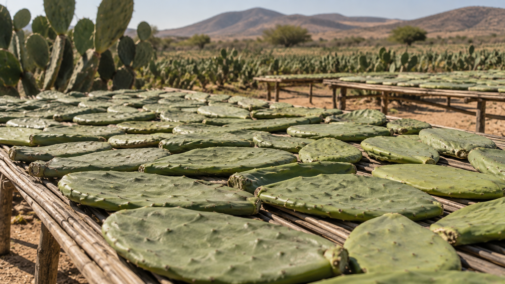 Mature nopal cactus leaves laid out to dry before processing