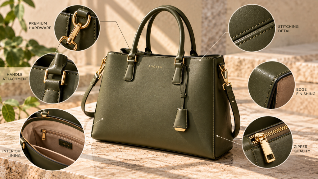 Vegan leather handbag construction showing handles