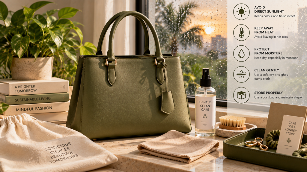 Vegan leather handbag care for heat and humidity in India