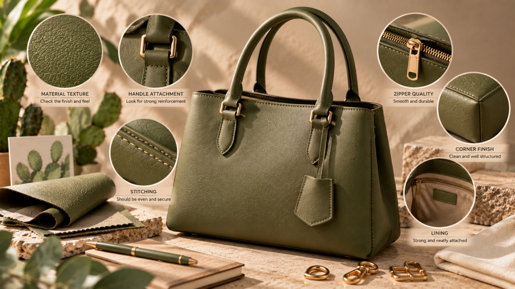 Vegan leather handbag material, stitching and hardware quality inspection
