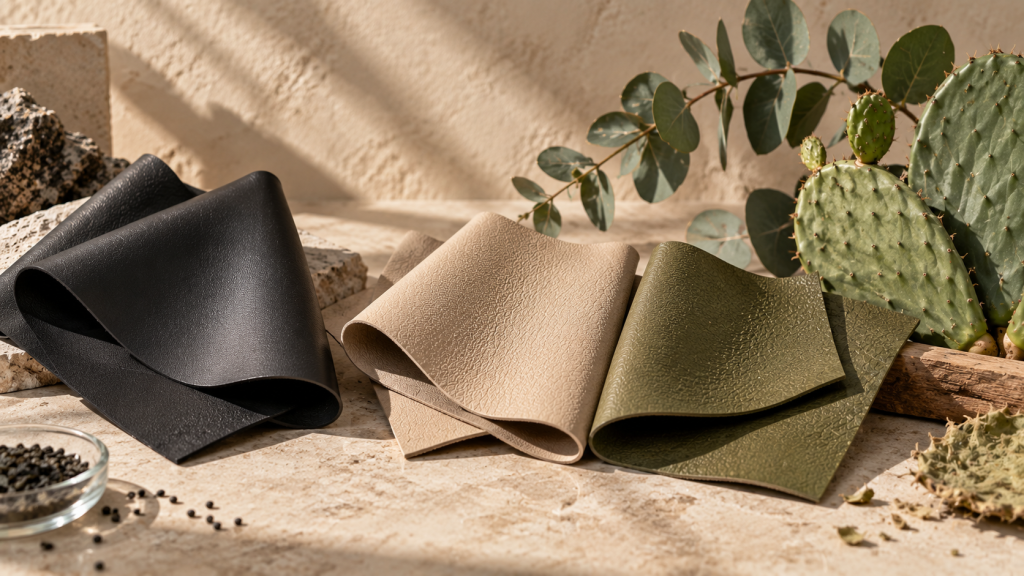 Different vegan leather and plant-based leather material textures
