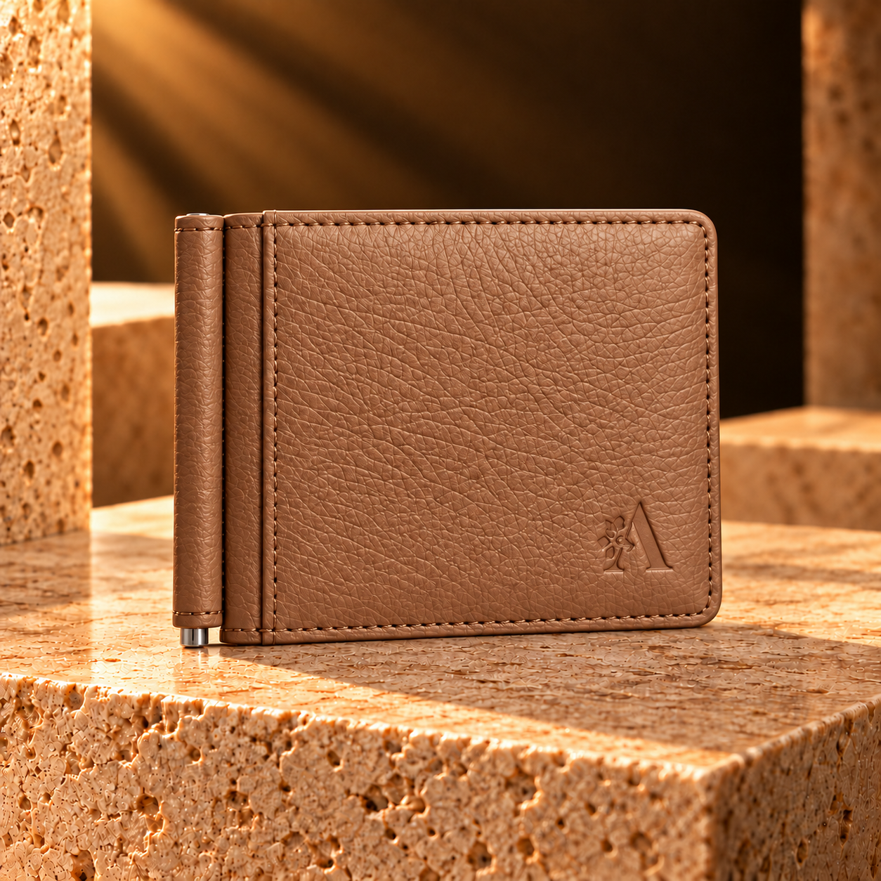 ANOVYA tan vegan leather money clip wallet with pebbled texture, embossed logo and silver-tone clip