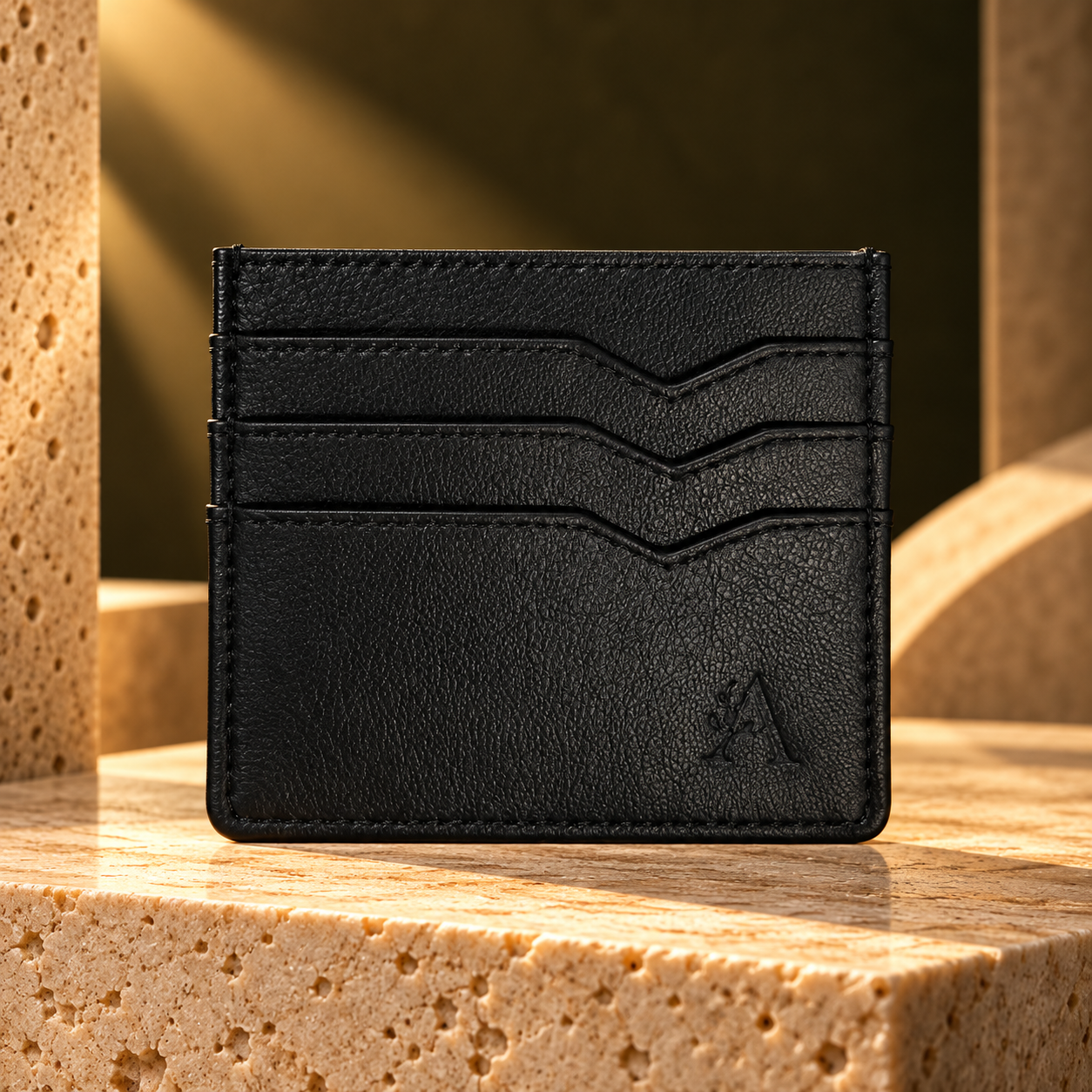 ANOVYA black minimalist card holder with textured finish and curved card slots on a travertine stone surface