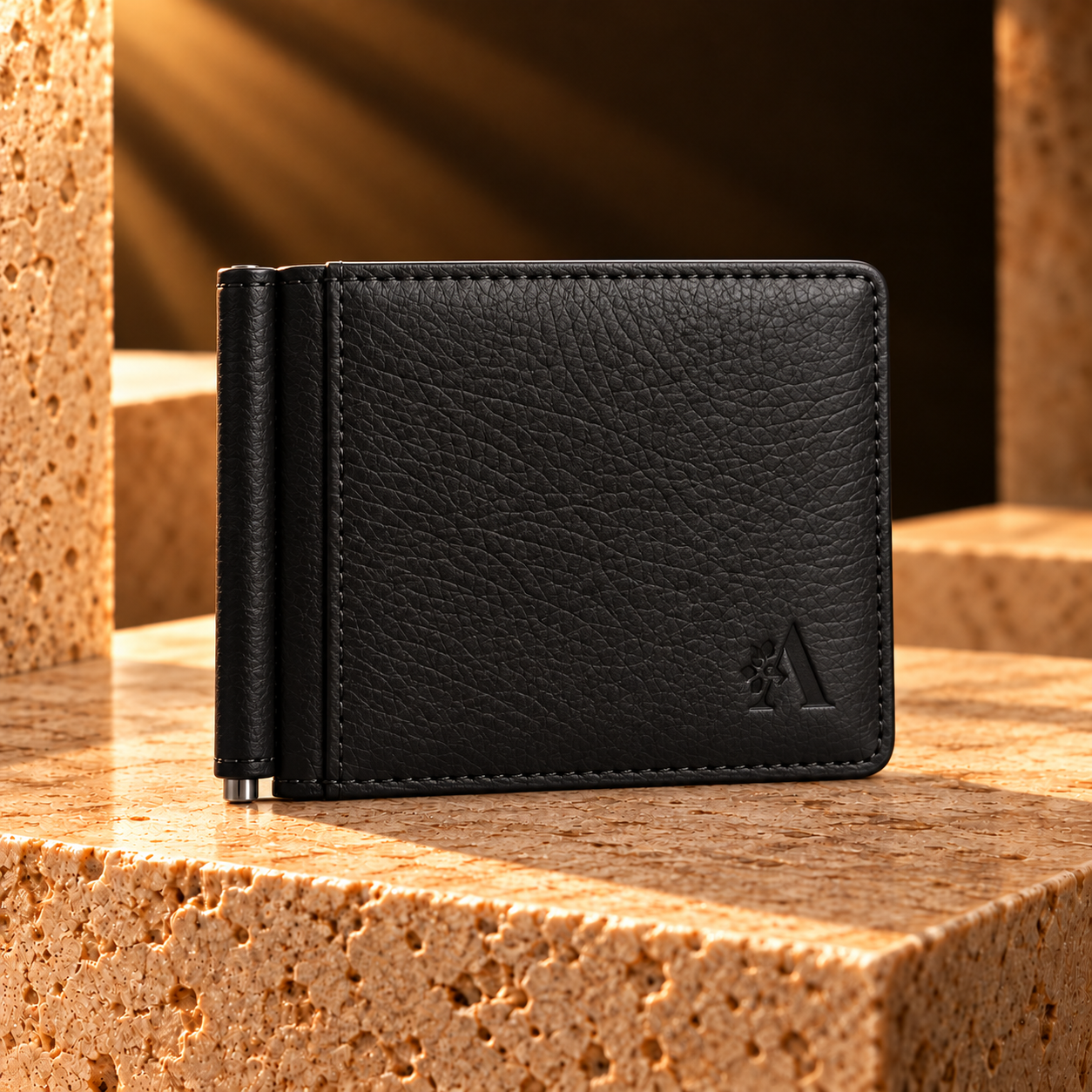 ANOVYA black vegan leather money clip wallet with pebbled texture and minimalist bifold design