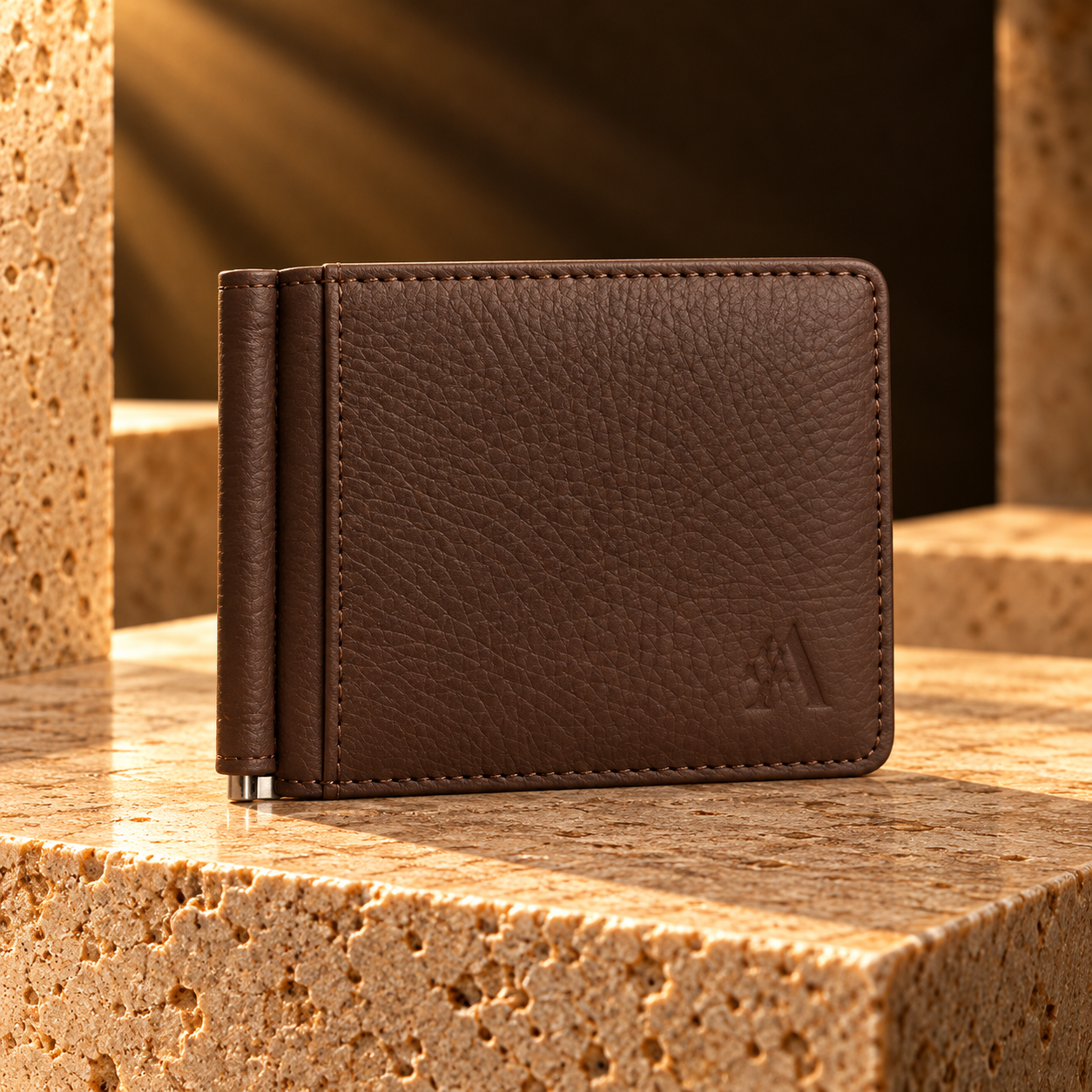 ANOVYA premium chocolate brown vegan leather bifold wallet with textured finish, multiple card slots and silver metal money clip