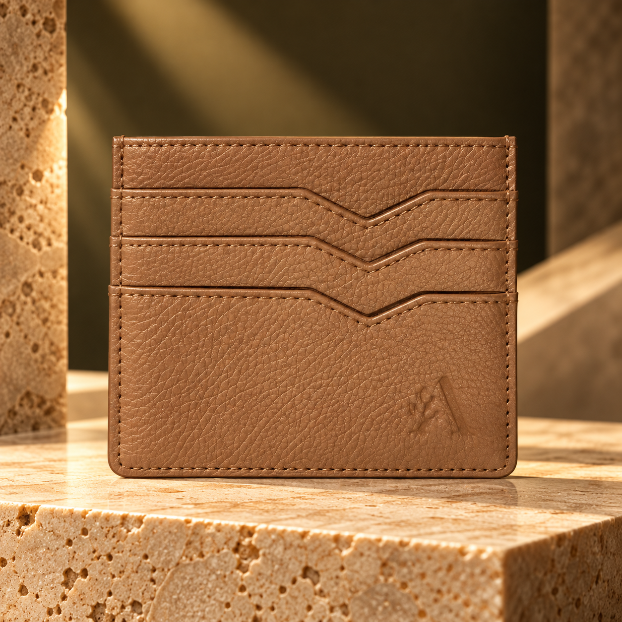 Tan brown textured card holder with curved front card slots
